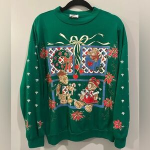 Nutcracker Vintage Teddy Bear Tacky Holiday Christmas Crewneck Green Size M